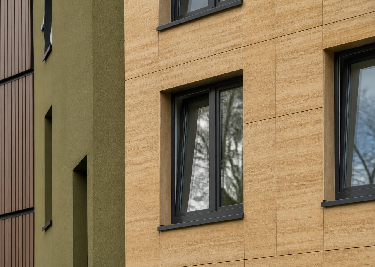 Energy-efficient renovated building facade detail